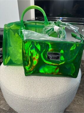 Like Dreams Neon Green Clear Jelly Tote Bag Y2K w/ Matching Pouch